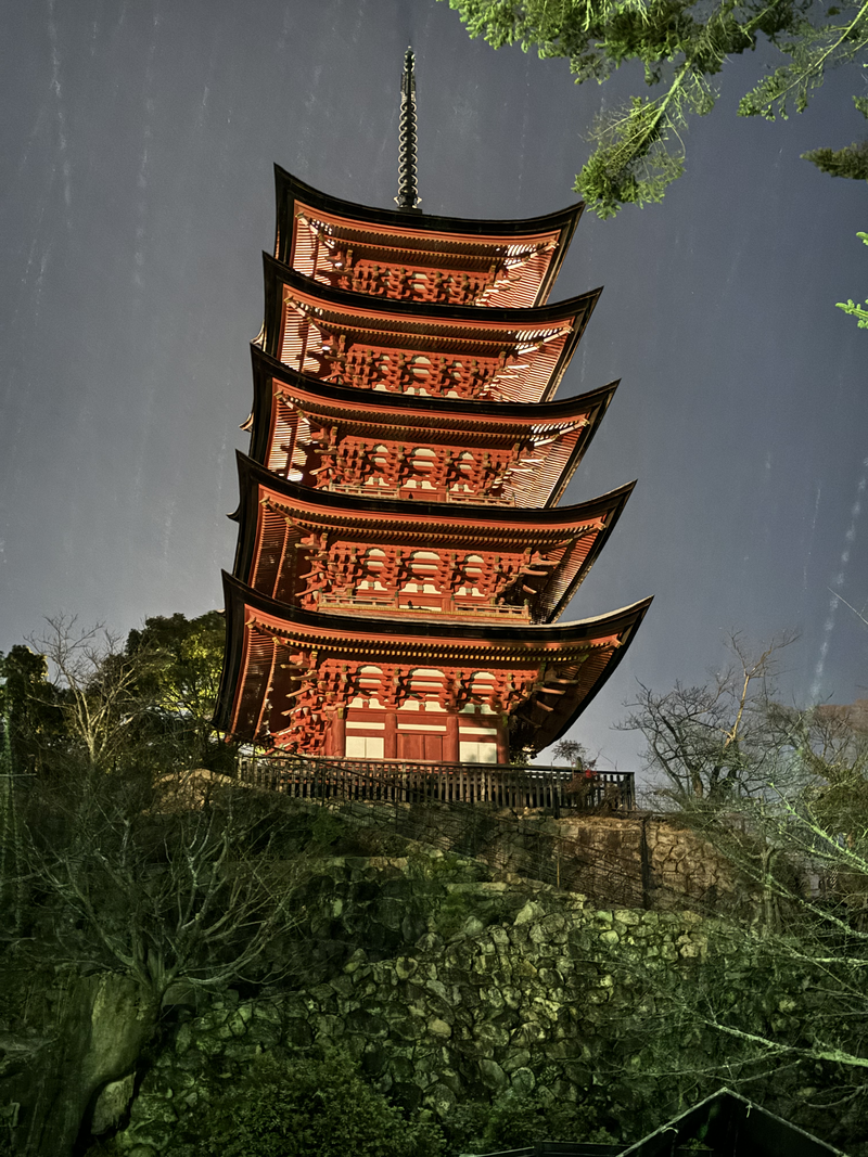 Pagoda on Miyajima Island on a snowy night
